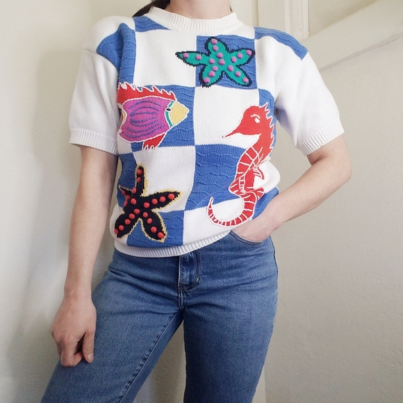 Vintage Fish Beach Sweater Blouse Sz Small Knit 3D Pom Pom Tess Designs Bermuda - Picture 5 of 16